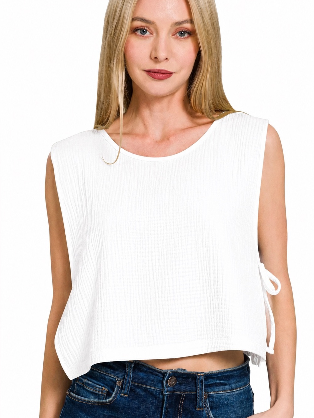 Zenana Outfitters white  Sleeveless Textured Crop Top with Side Tie